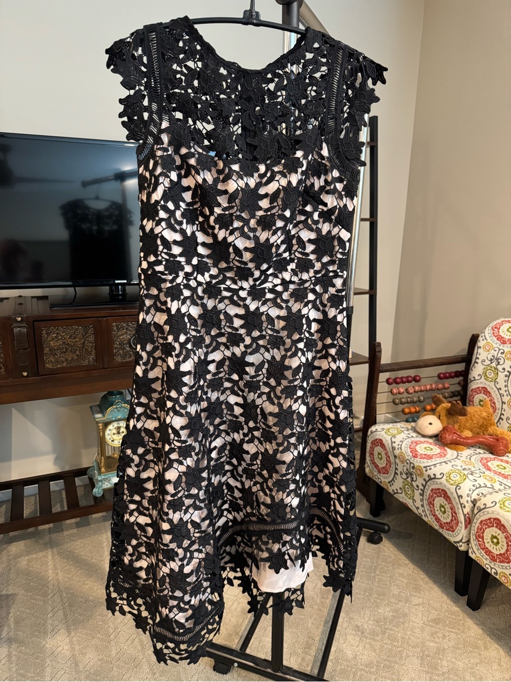 Eliza J Black Floral Lace Fit-and-Flare Dress with Blush Lining